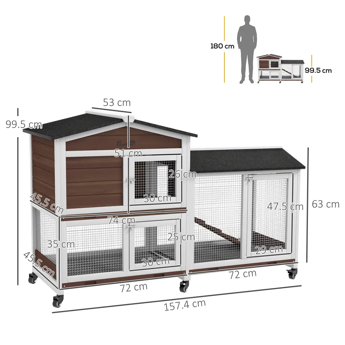 PawHut PawHut Wooden Rabbit Hutch Guinea Pig Cage w/ Wheels, Run, Ramp, Brown - Rabbit Hutch
