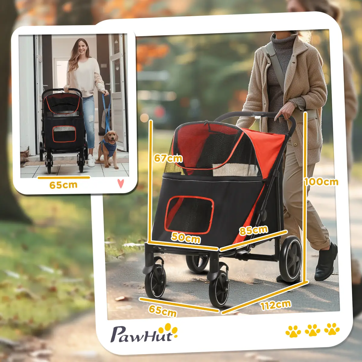 PawHut PawHut Foldable Dog Carriage w/ Universal Wheels, Shock Absorber - Red - Pet Carrier