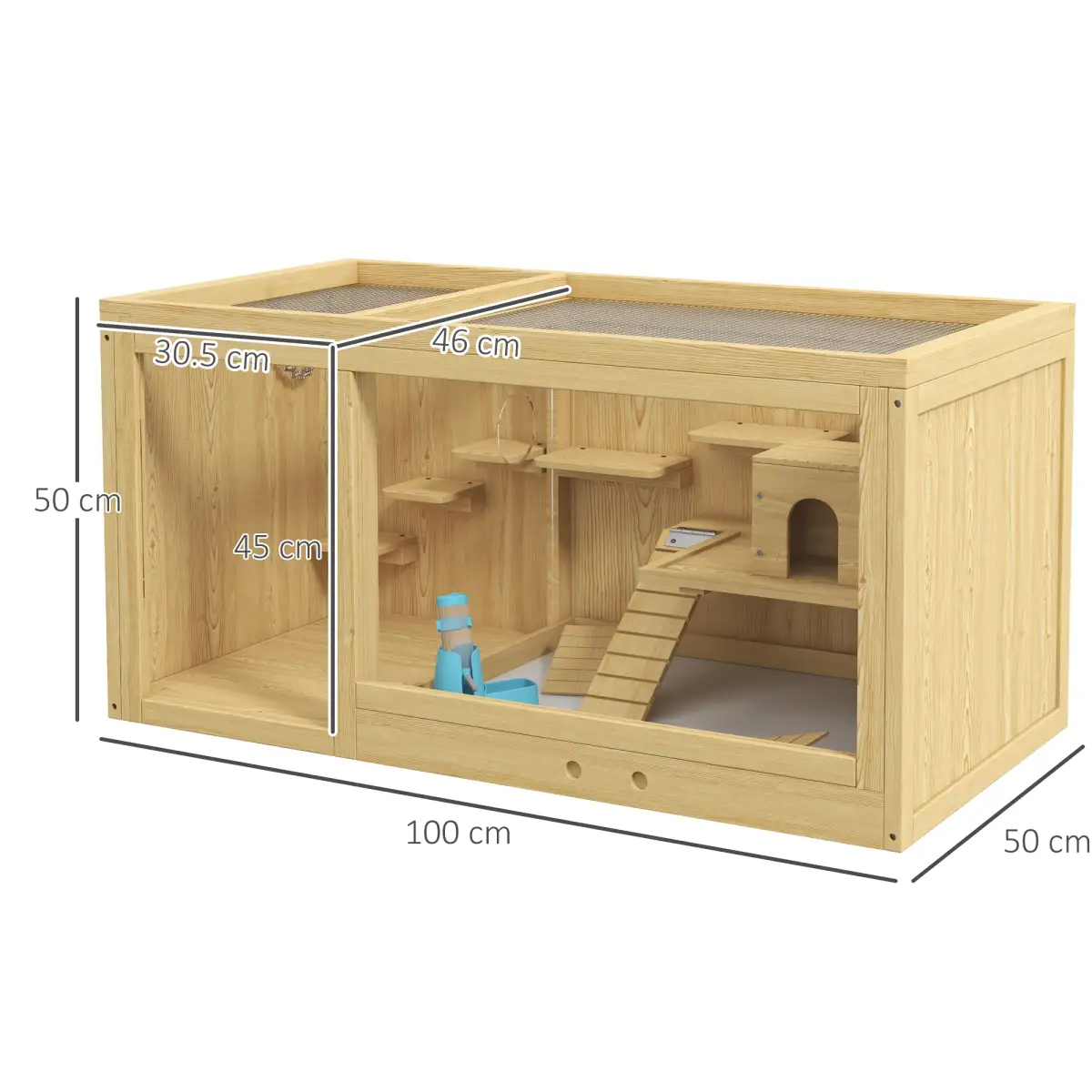PawHut PawHut Wooden Hamster Cage with Water Bottle, Platforms, Openable Roof - Pet Cage