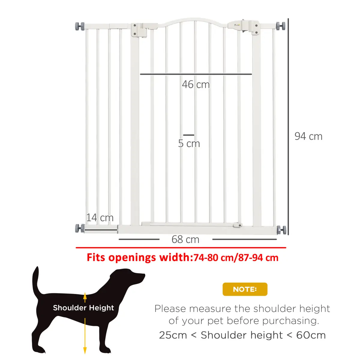 PawHut PawHut 74-94cm Adjustable Metal Pet Gate Safety Barrier w/ Auto-Close Door White - Pet Gate
