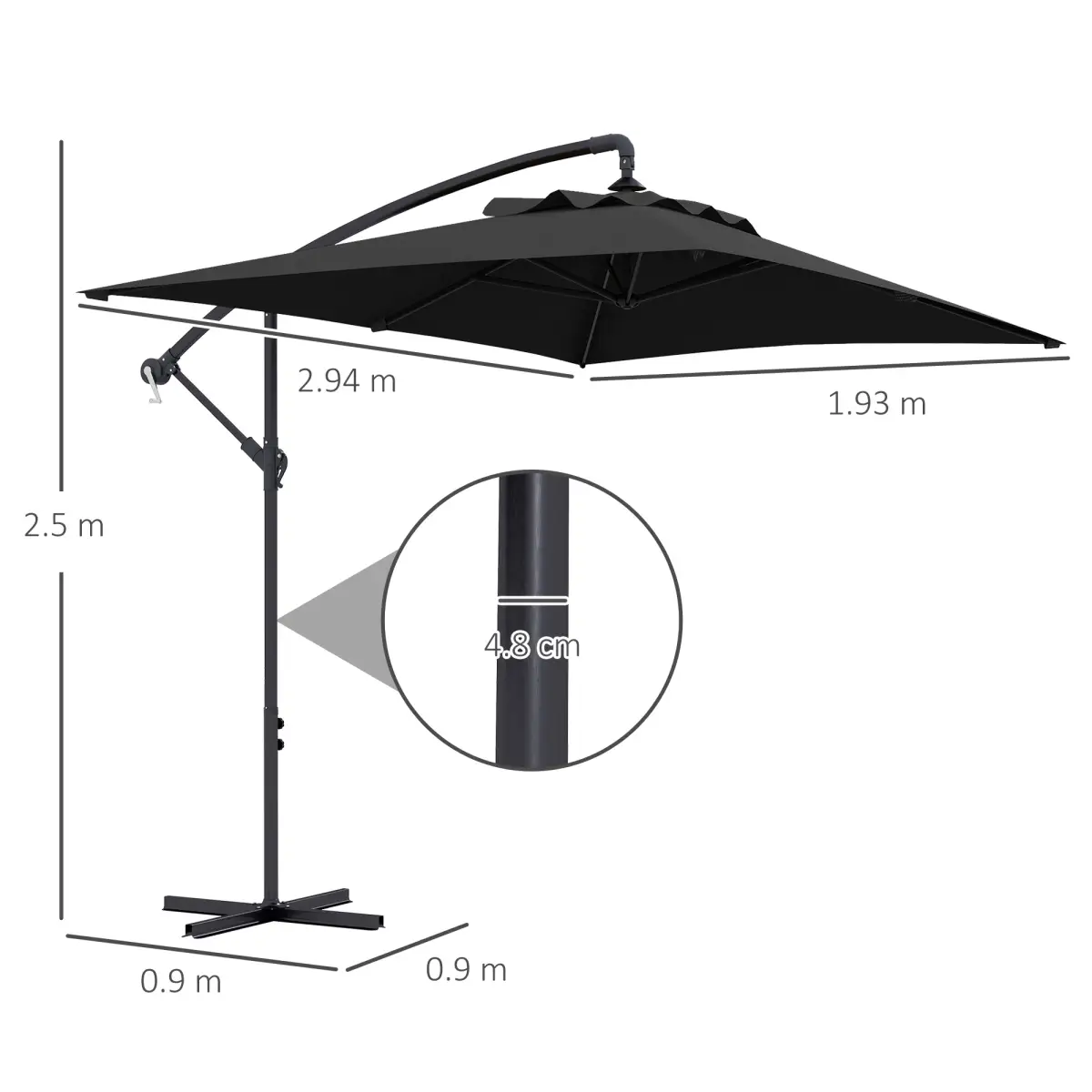 Outsunny Outsunny 3 m Cantilever Parasol with Cross Base, Crank Handle, 6 Ribs, Black - Parasol