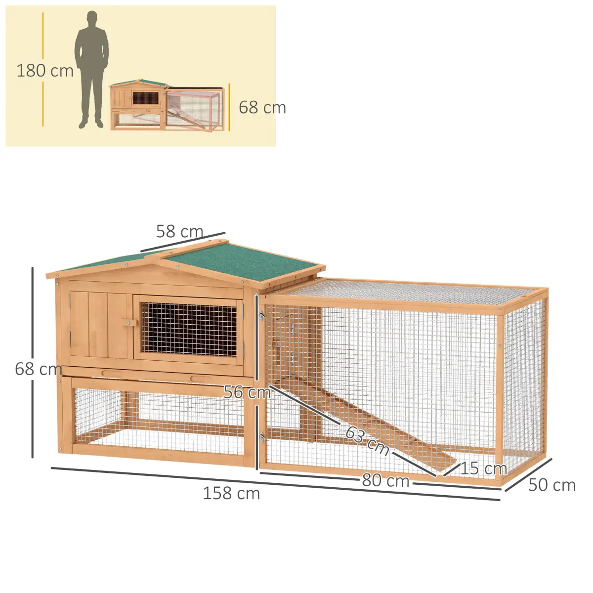 PawHut Wooden Rabbit Hutch Enclosure Run House 2 Tier Large Coop Run Pet - Rabbit Hutch