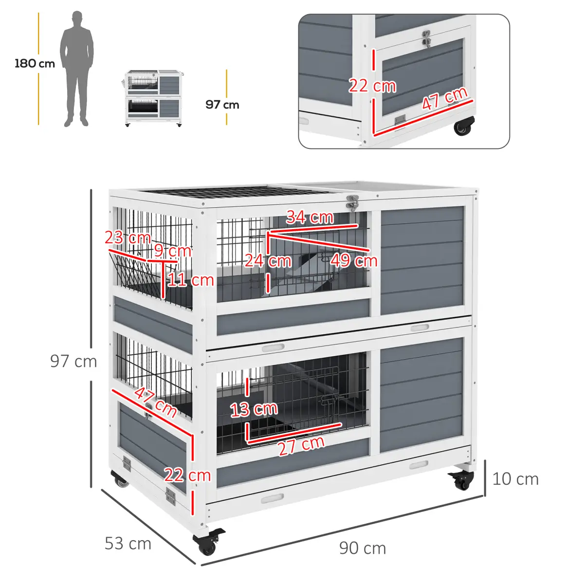 PawHut PawHut Double Deckers Indoor Rabbit Hutch w/ Feeding Trough, Slide-Out Trays - Rabbit Hutch