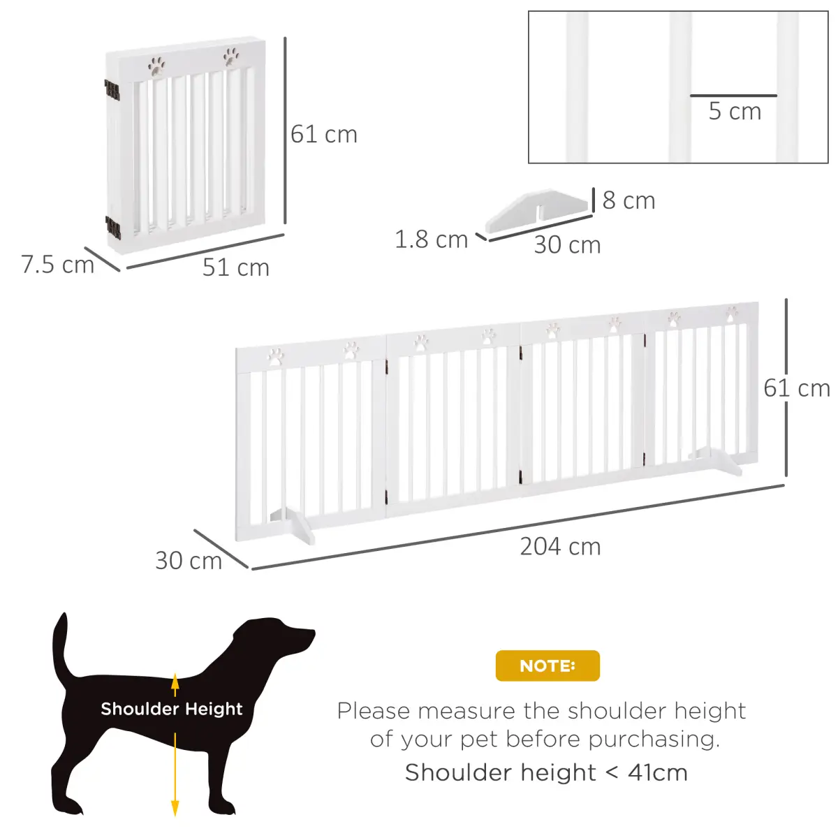 Pawhut Freestanding Pet Gate 4 Panel Folding Wooden Dog Barrier w/ Support Feet - Pet Gate