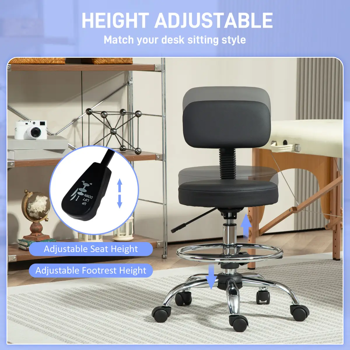 HOMCOM Home Office Bar Stool Adjustable Height Faux Leather Swivel Seat With Chrome Base HOMCOM - Office Chair