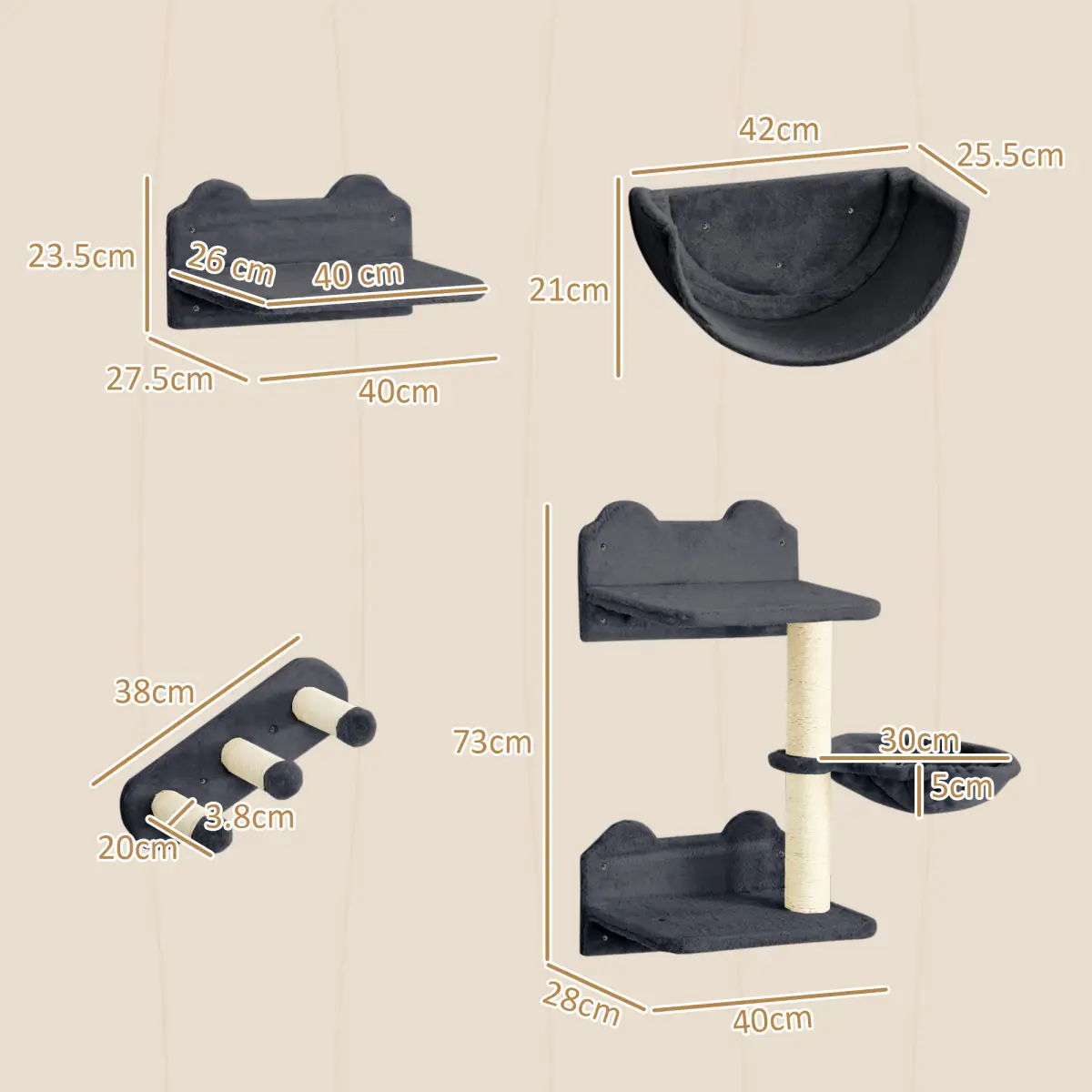PawHut PawHut 4PCs Wall Mounted Cat Tree Cat Wall Shelves W/ Scratching Post Dark Grey - Cat Tree