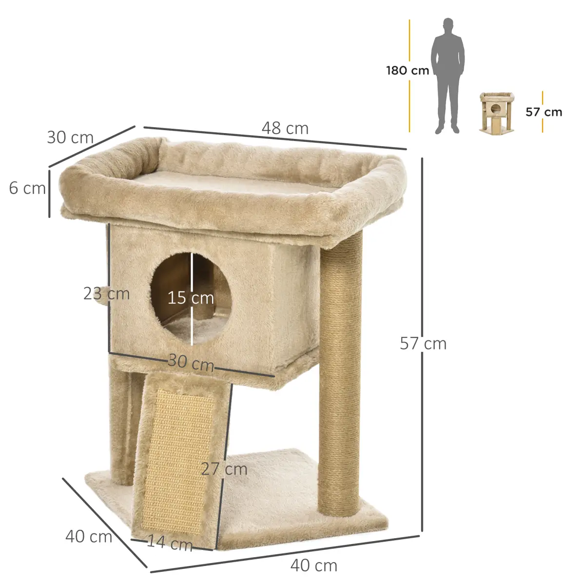 Pawhut Cat Tree Tower W/ Jute Scratching Pad, Toy Ball, Cat House 66x38x88 cm - Coffee - Cat Tree