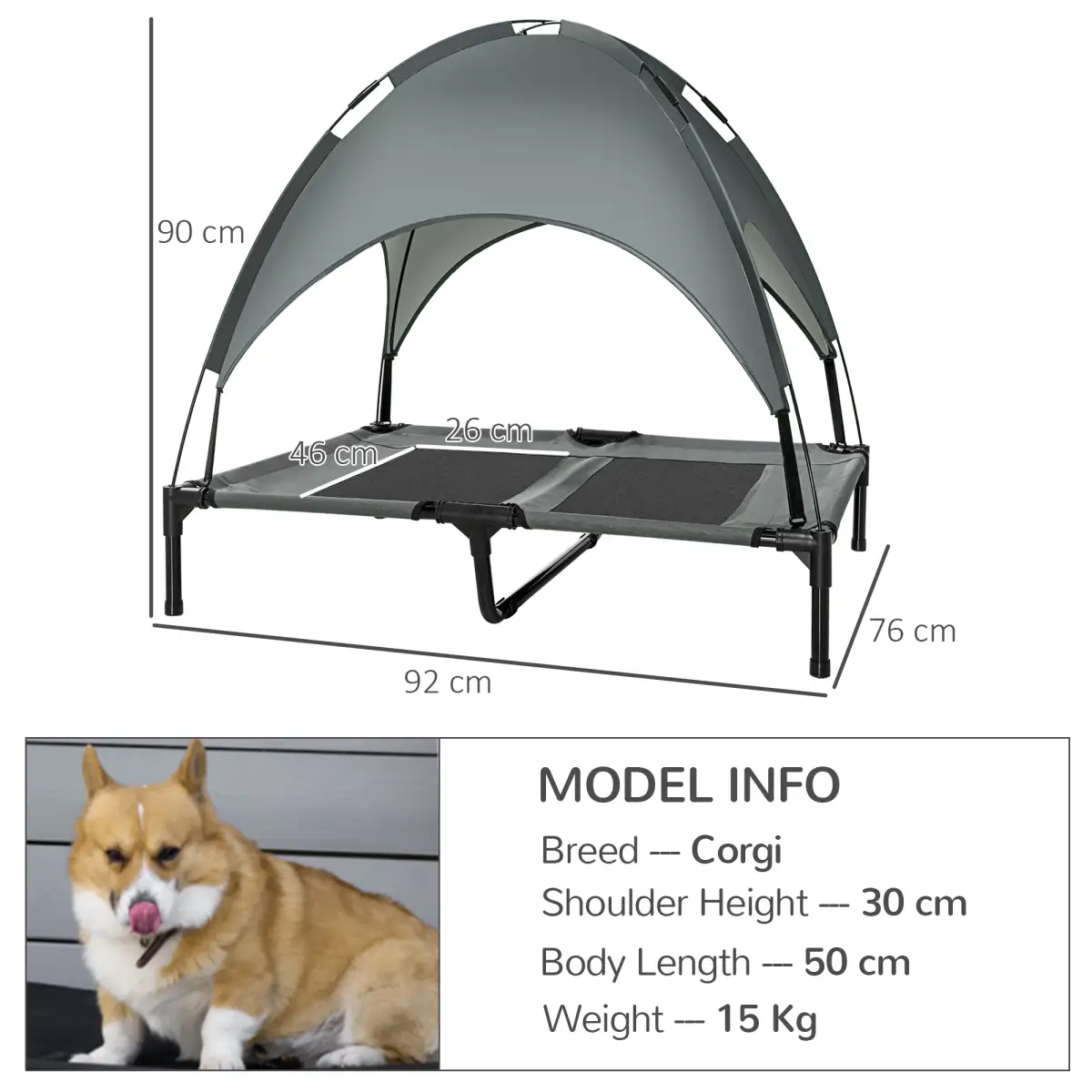 Unbranded 92 cm Elevated Dog Bed Cooling Raised Pet Cot UV Protection Canopy Grey Pawhut - Dog Beds