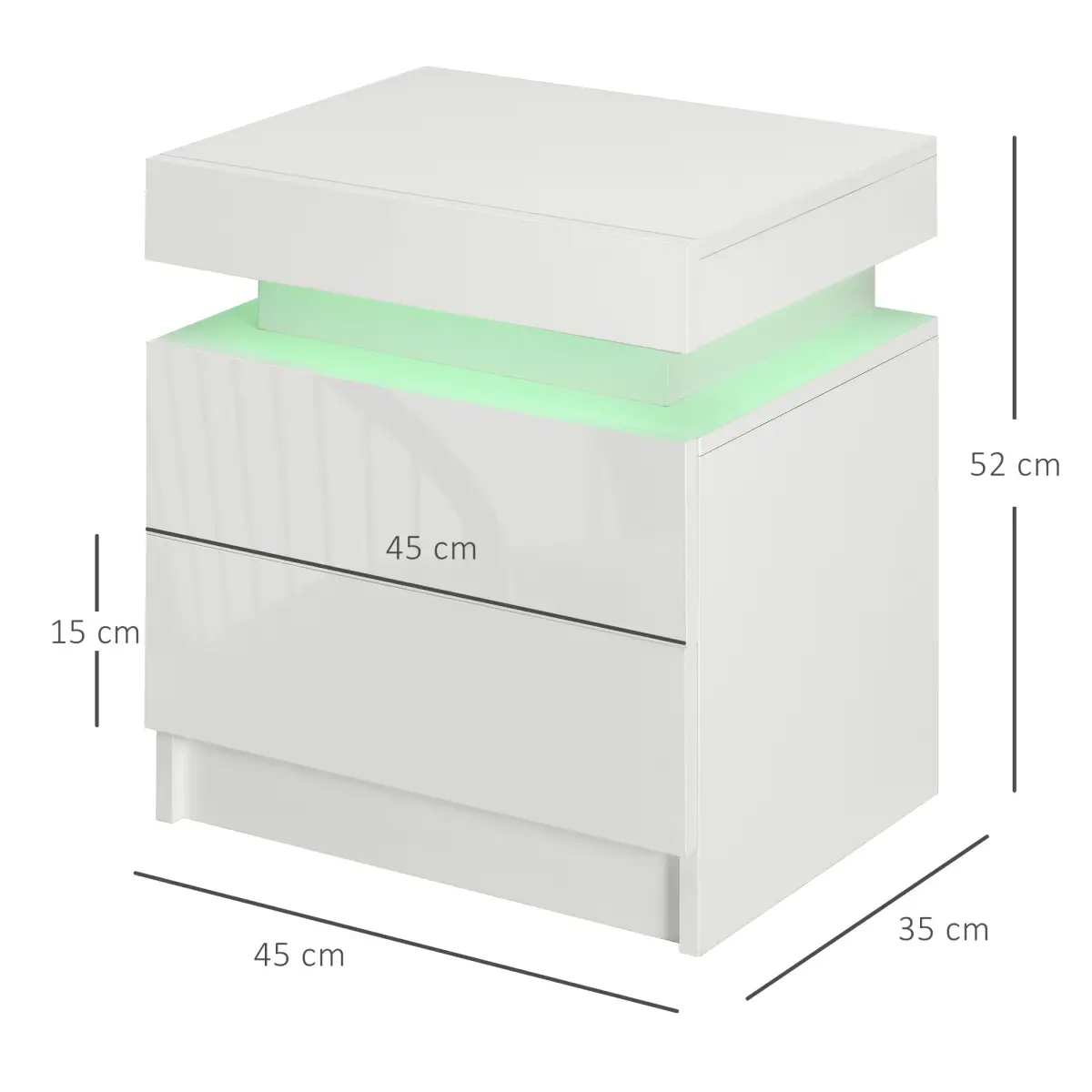 HOMCOM HOMCOM White Bedside Table, High Gloss Front Nightstand w/ LED Light, 2 Drawers - Bedside Table