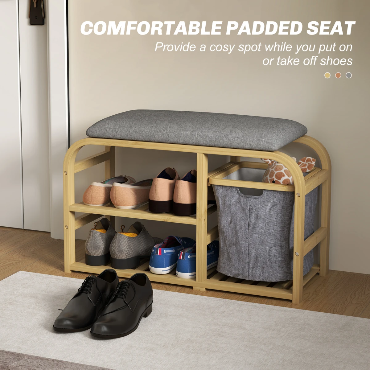 HOMCOM HOMCOM Bamboo Shoe Rack Bench With Padded Top And Pull Out Storage Basket Holds Four Pairs Natural Wood Finish Hallway - Shoe Storage