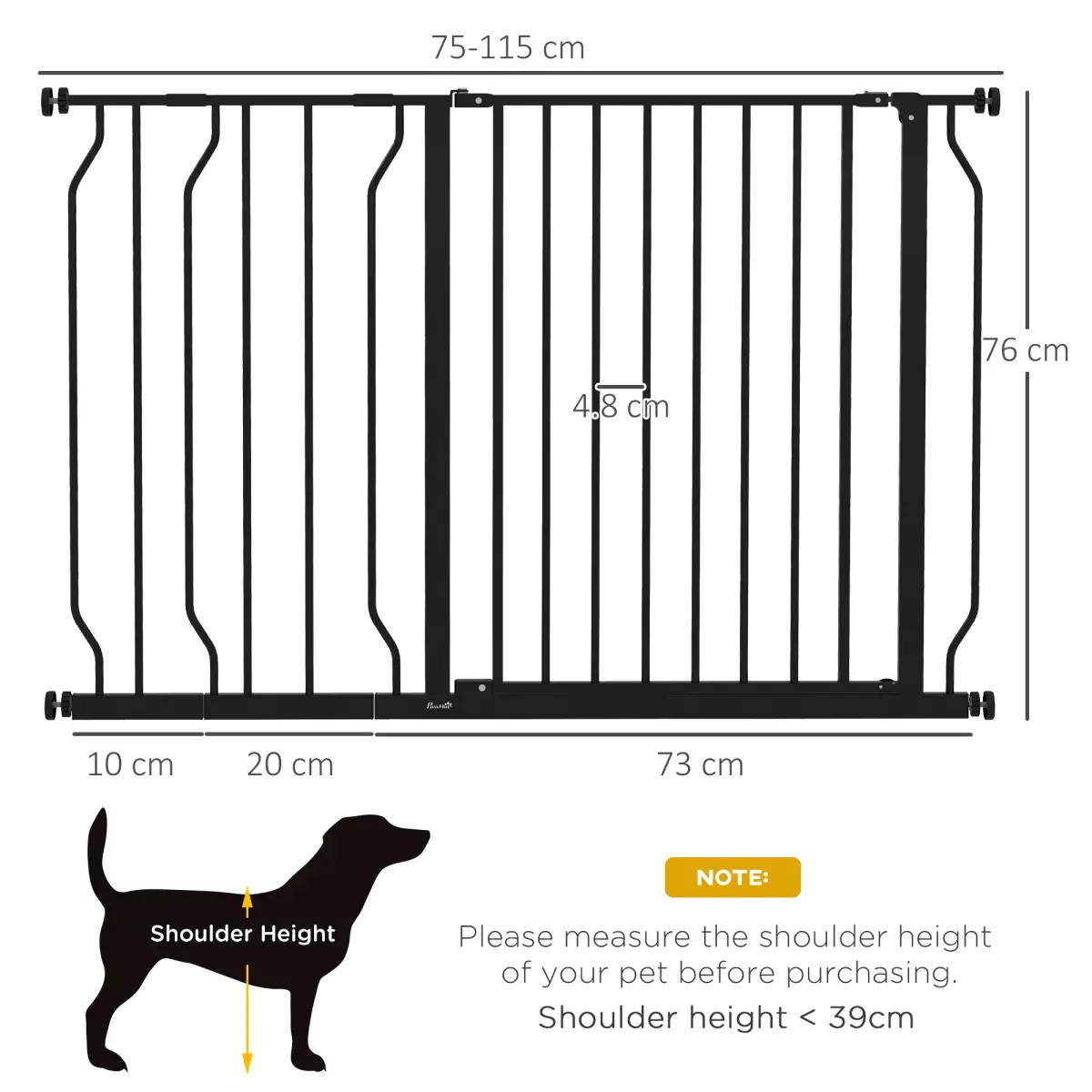 PawHut PawHut Dog Gate Wide Stair Gate with Door Pressure Fit, 75-115W cm, Black - Pet Gate