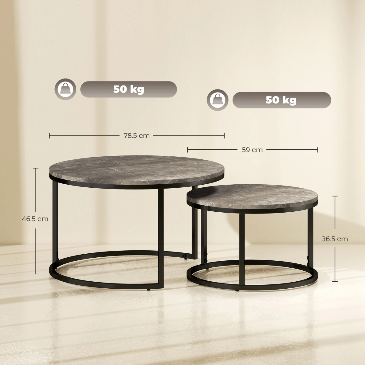 HOMCOM Two Piece Stacking Coffee Tables Set Large And Small Marble Effect MDF Tops Steel Frame With Foot Pads For Living Room - Coffee Table