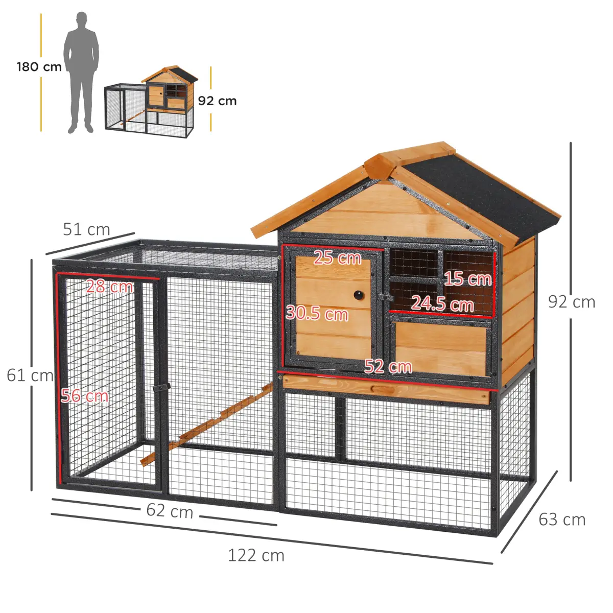 PawHut Wood-metal Rabbit Hutch Elevated Pet House Outdoor 122 x 63 x 92cm - Rabbit Hutch