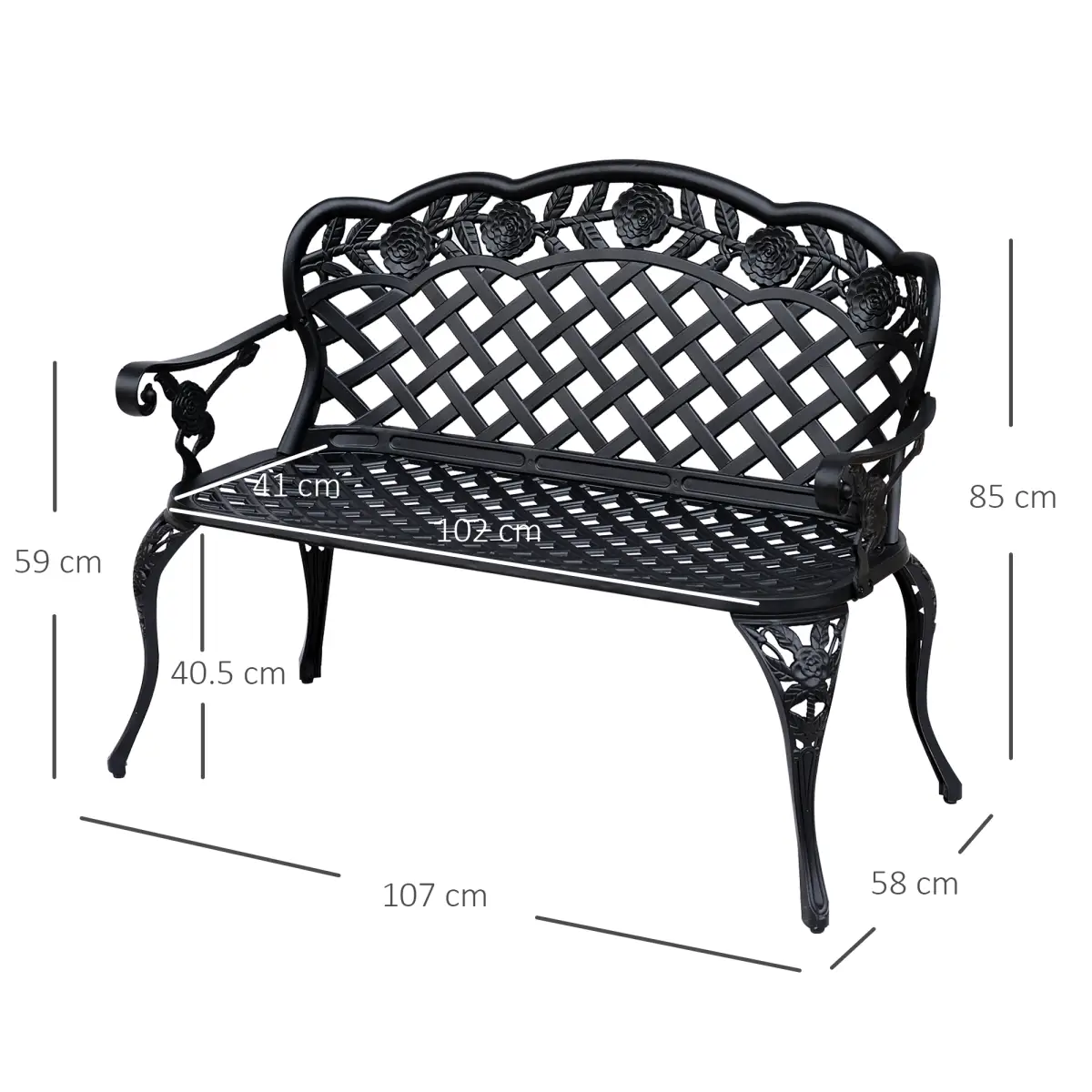 Outsunny Garden Bench, Cast Aluminium, 107Lx58Wx85H cm-Black - Garden Chairs