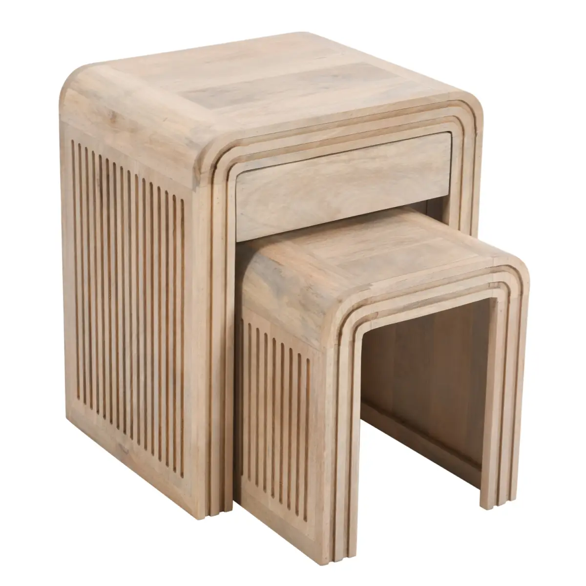 Indian Hub Hudson Carved Mango Wood Nest Of 2 Tables With Drawer - Nest of Tables