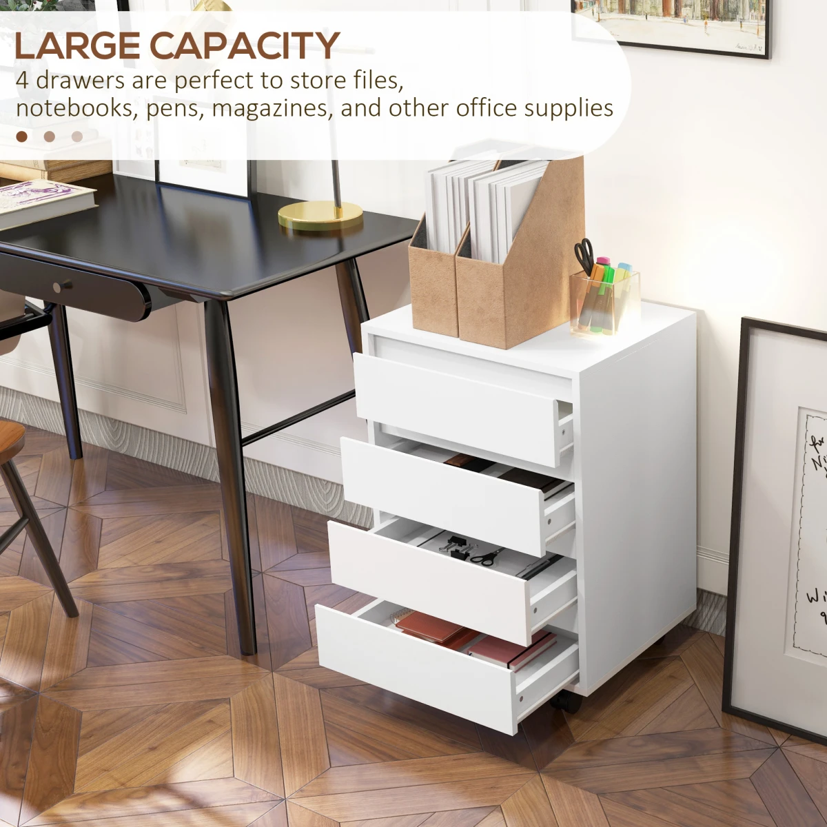 Versatile White Mobile Filing Cabinet Four Drawer Lockable Wheels Office Organization by HOMCOM