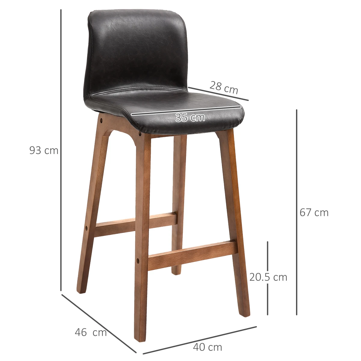 HOMCOM 2 Pcs 93cm Faux Leather Bar Stools Wooden Frame Footrest Padding High Back Brown -