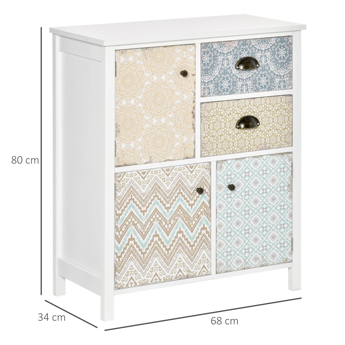HOMCOM Boho Chic Storage Chest Compact Two Drawers And Three Cabinets Colorful Pattern Panels For Any Room - Chest of Drawers