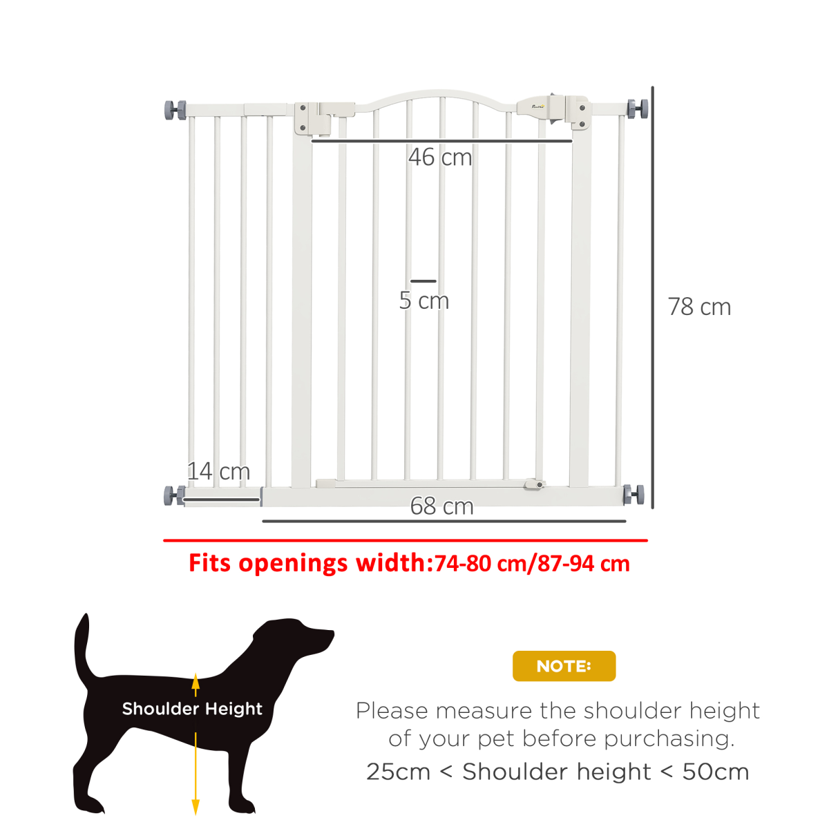 PawHut 74-94cm Adjustable Metal Pet Gate Safety Barrier w/ Auto-Close White - from PawHut