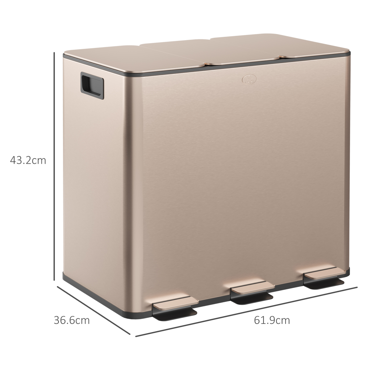 HOMCOM 3 x 15L Triple Kitchen Bin Pedal Bin for Recycling and Waste, Gold Tone - from PawHut
