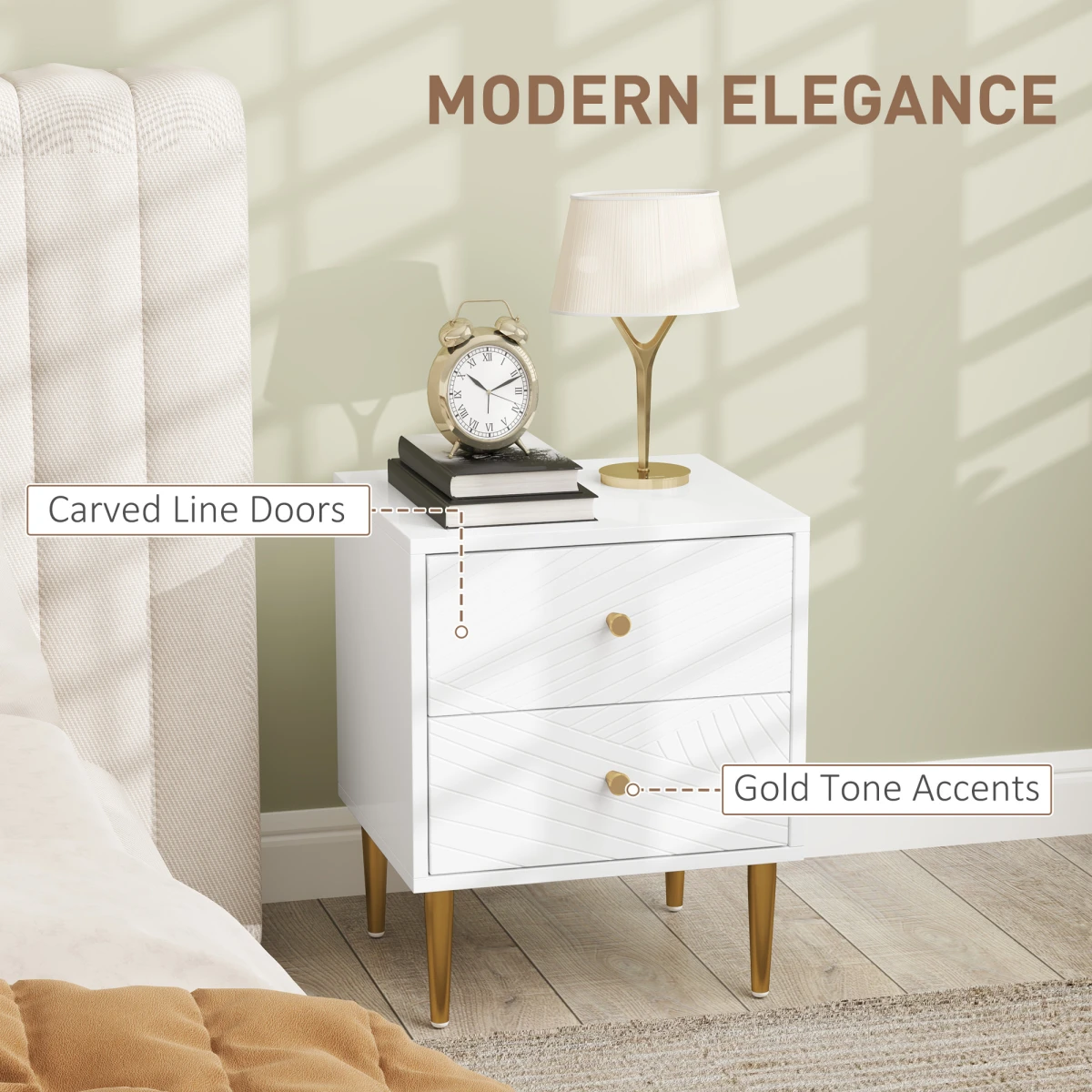 Elegant Nightstand Compact Gold Handles Bedroom by HOMCOM