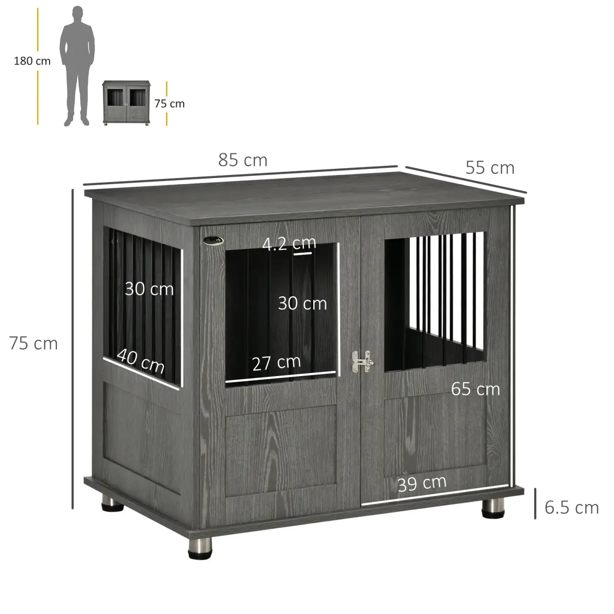 Pawhut Wooden & Wire Dog Cage for Medium Dog, Stylish Pet Kennel w/ Magnetic Doors - Dog Kennel