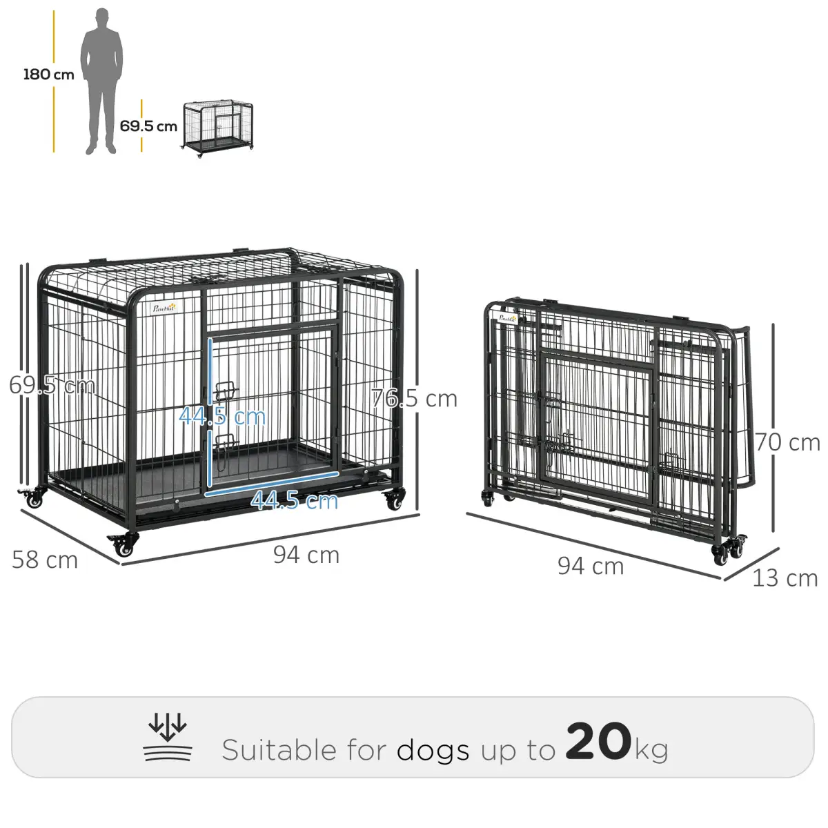 PawHut PawHut 69.5x94cm Metal Dog Cage Kennel w/ Locking Door & Wheels Medium Pets - Dog Kennel