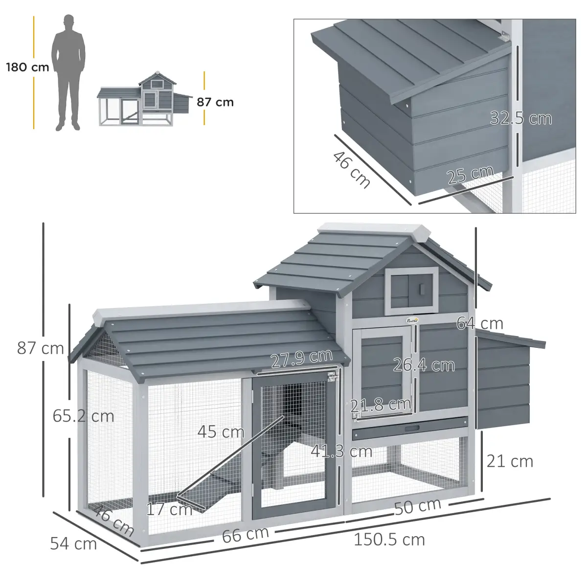 Pawhut Small Chicken Coop Hen Cage Nesting Box w/ Outdoor Run Grey 150.5 x 54 x 87 cm - Chicken Coop
