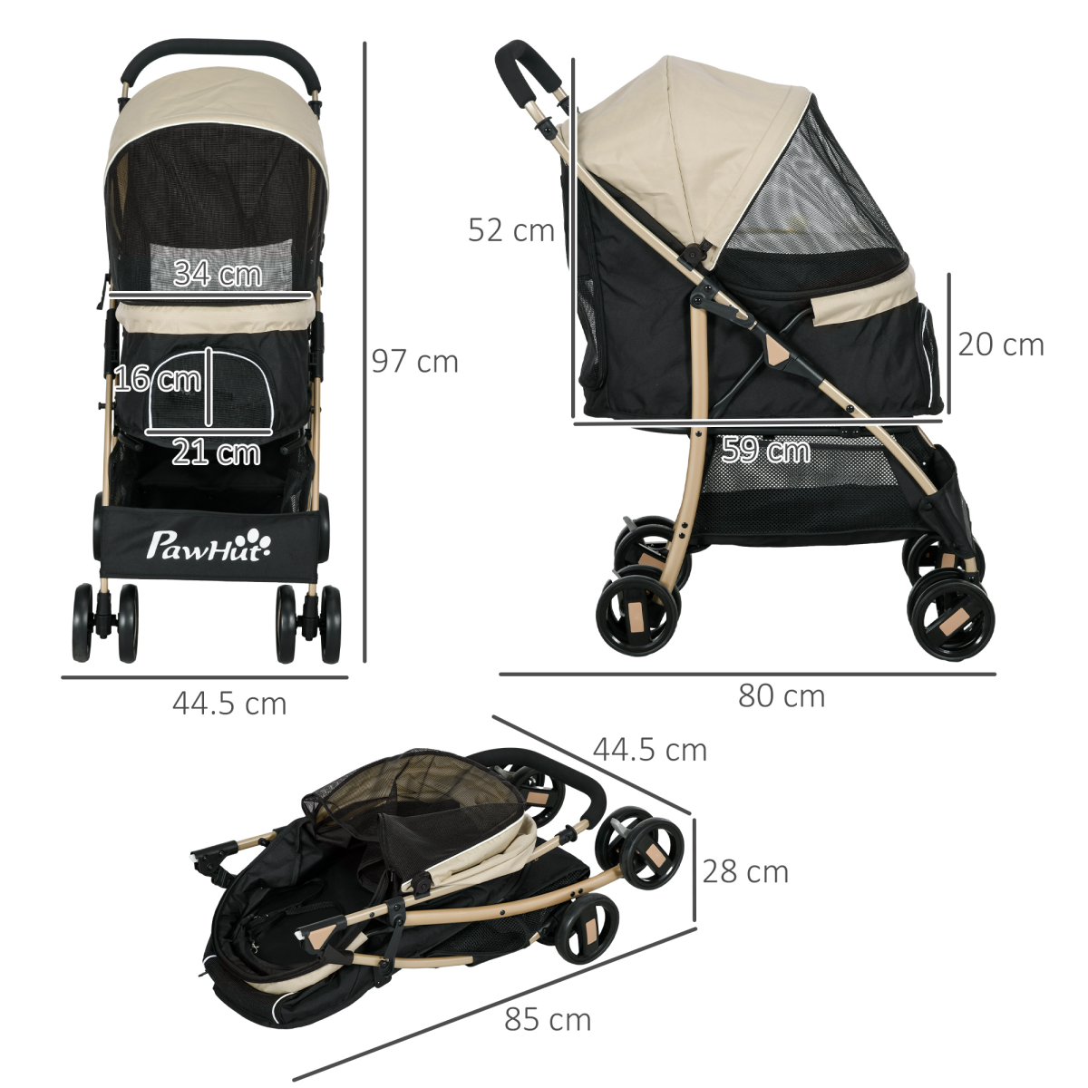 PawHut Pet Stroller for XS and S Dogs with Rain Cover - Khaki - from PawHut