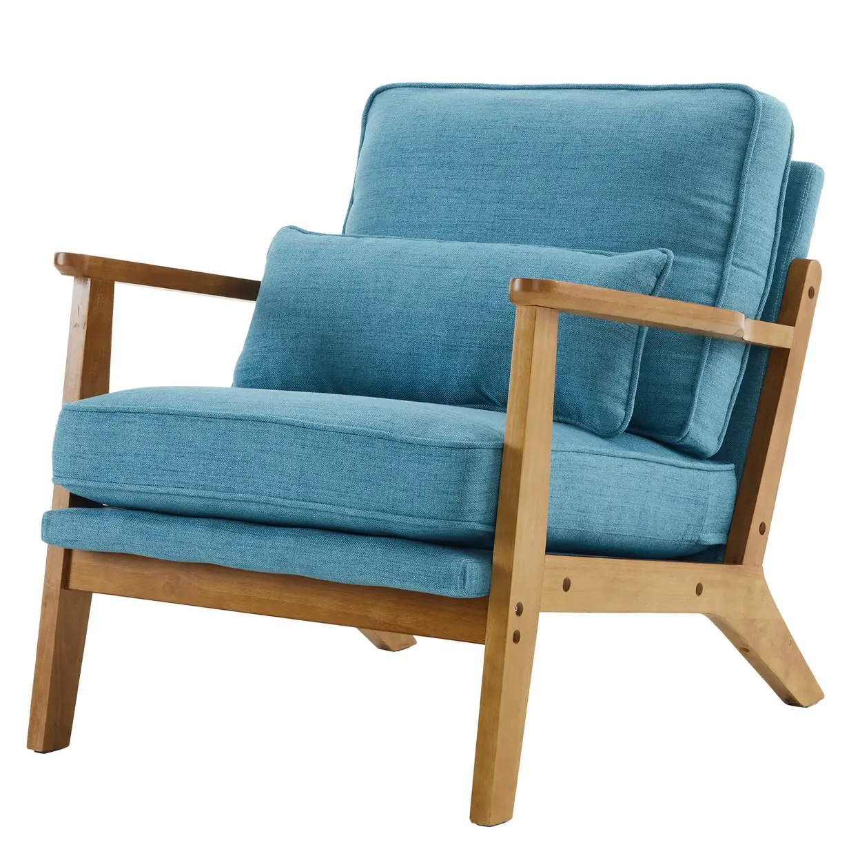 N/A Mid-Century Oak Accent Chair - Linen-Cotton Navy Blue Upholstered Single Lounge Chair, Indoor Armchair with Sturdy Wood Frame (330LBS Weight Capacity) - Accent Chair