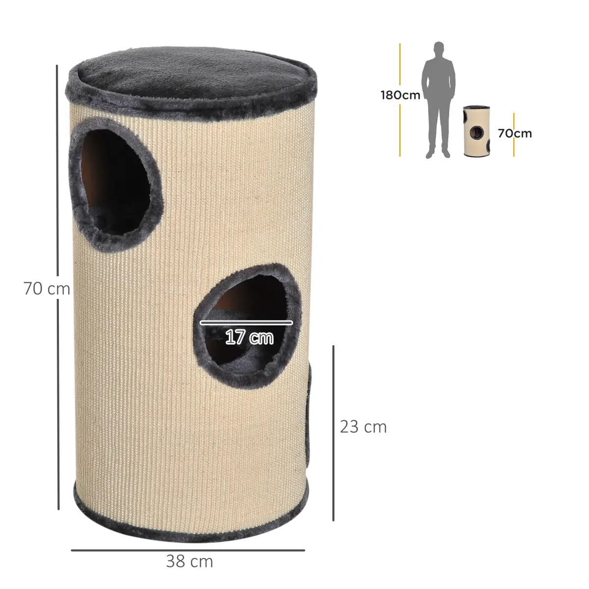 Unbranded Cat Scratching Barrel Sisal Activity Center 3 Dens Observation Deck 70H Pawhut - Scratching Posts
