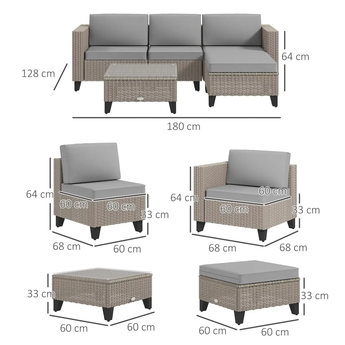 Outsunny Outsunny 5 PCs Rattan Garden Furniture Set with Glass Coffee Table, Brown - Garden Sofa Sets