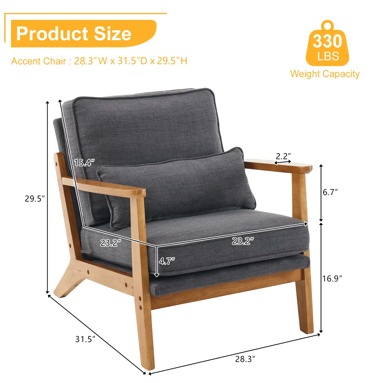 N/A Mid-Century Oak Accent Chair - Linen-Cotton Dark Gray Upholstered Single Lounge Chair, Indoor Armchair with Sturdy Wood Frame (330LBS Weight Capacity) - Accent Chair
