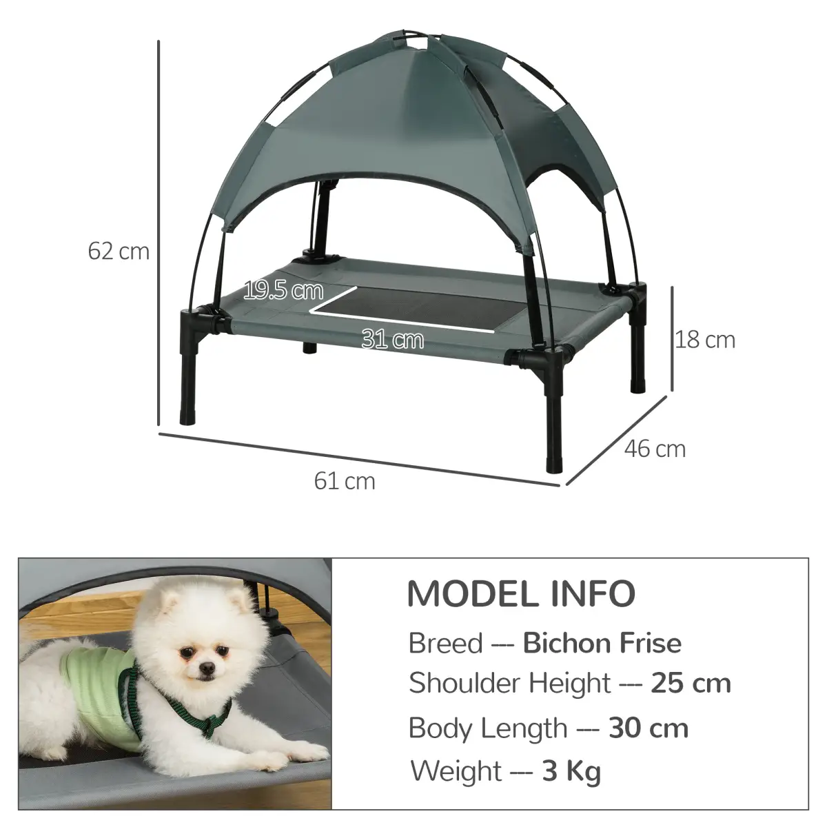Unbranded 61 cm Elevated Dog Bed Cooling Raised Pet Cot UV Protection Canopy Grey Pawhut - Dog Beds