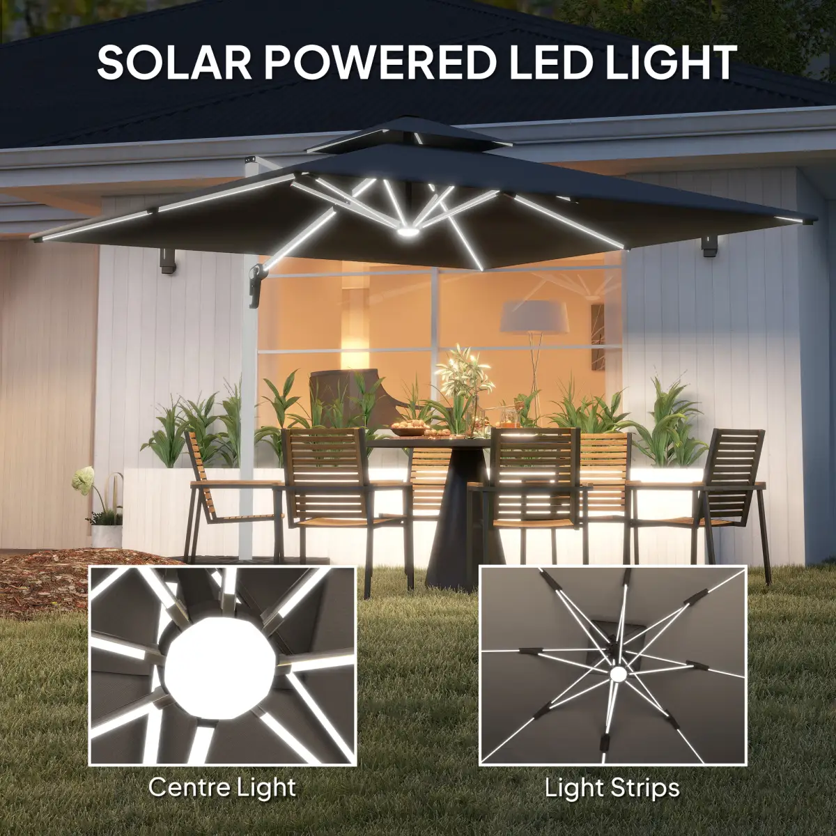 Outsunny Outsunny Garden Cantilever Parasol, Patio Umbrella w/ Solar LED Lights, Grey - Parasol