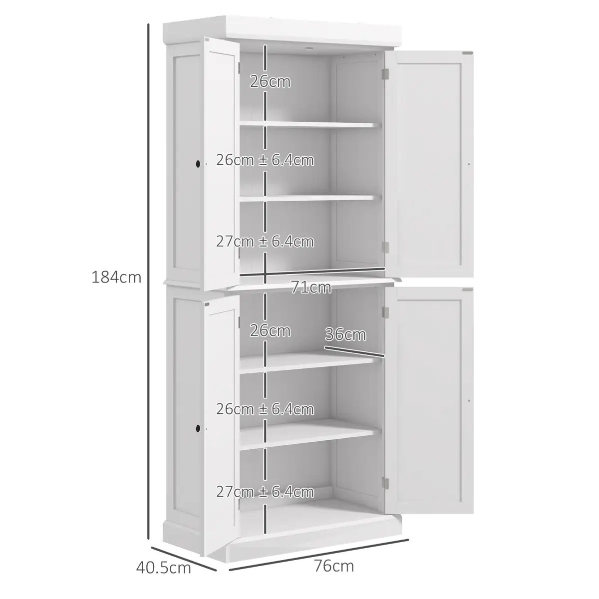 HOMCOM Freestanding Kitchen Cupboard, 6-Tier Cabinet Organizer w/ 4 Adjustable, White - Display Cabinet