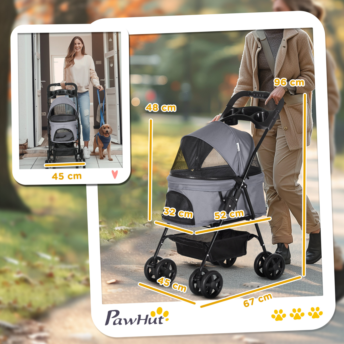 Pet Stroller No-Zip Foldable Travel Carriage with Brake Basket Adjustable Canopy - from Unbranded