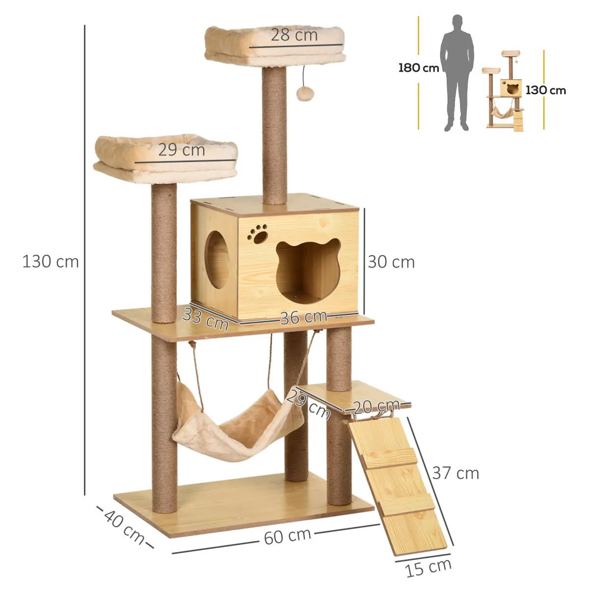 PawHut 130cm Cat Tree for Indoor Cats, Multi-Level Plush Cat Tower - Cat Tree