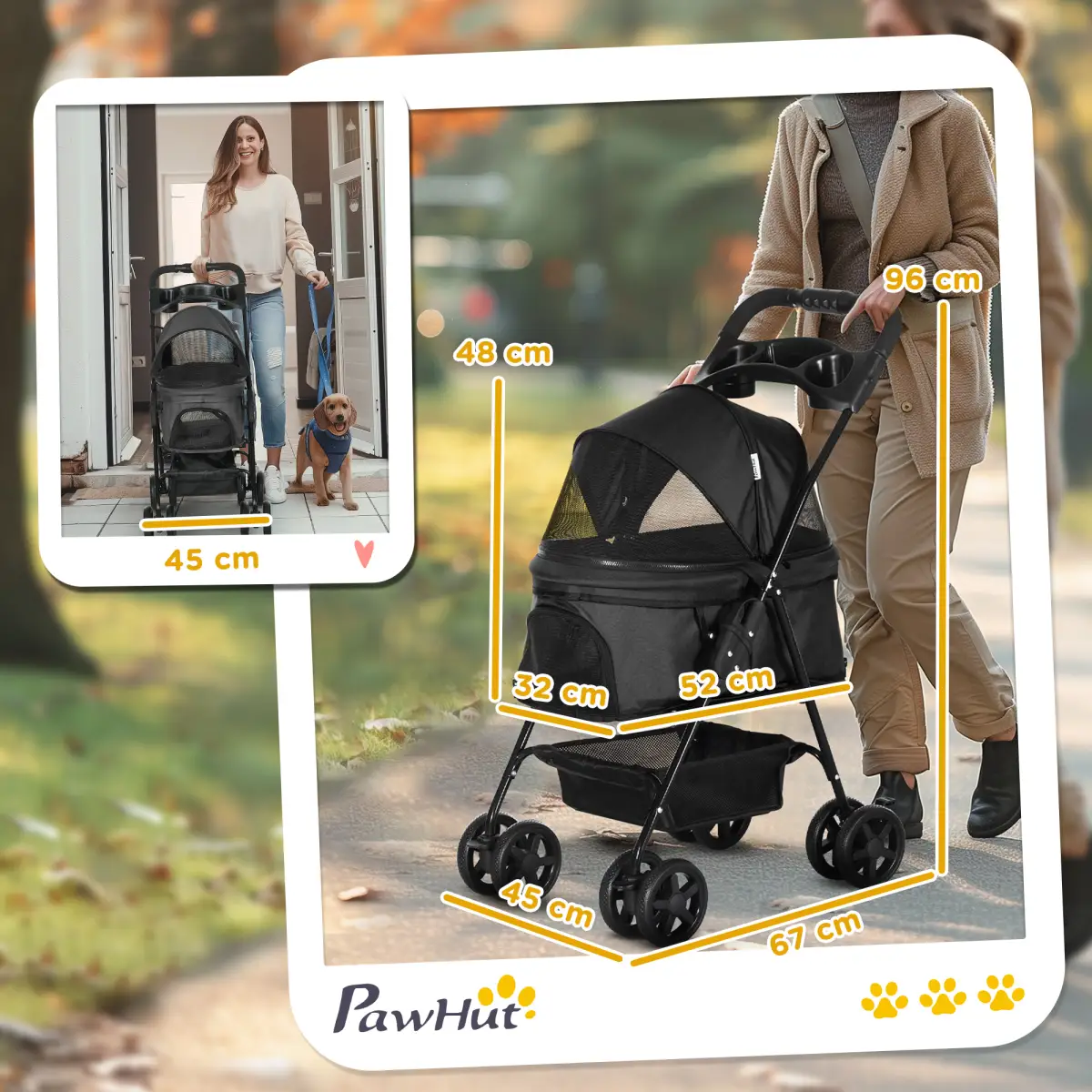 PawHut PawHut Pet Stroller Foldable Travel Carriage w/ Brake Basket Canopy, Black - Pet Carrier