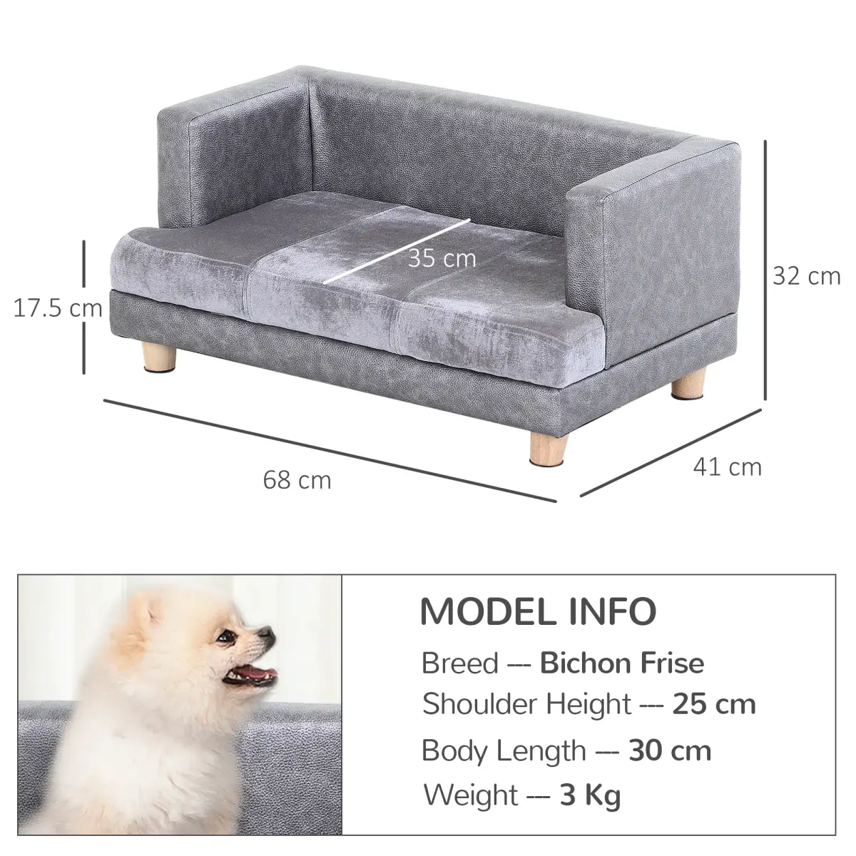 PawHut Dog Sofa Bed Kitten Couch Lounge for Small-Sized Dogs, Soft Padded - Grey - Dog Beds