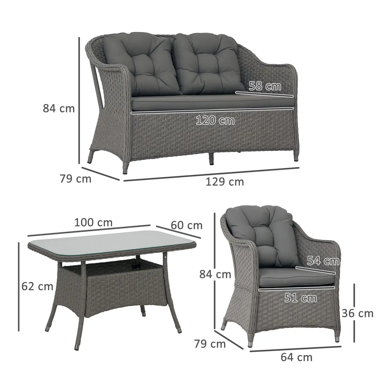 Outsunny Outsunny 4 PCS Rattan Garden Furniture, Padded Cushions Conversation Sofa Set - Garden Sofa Sets