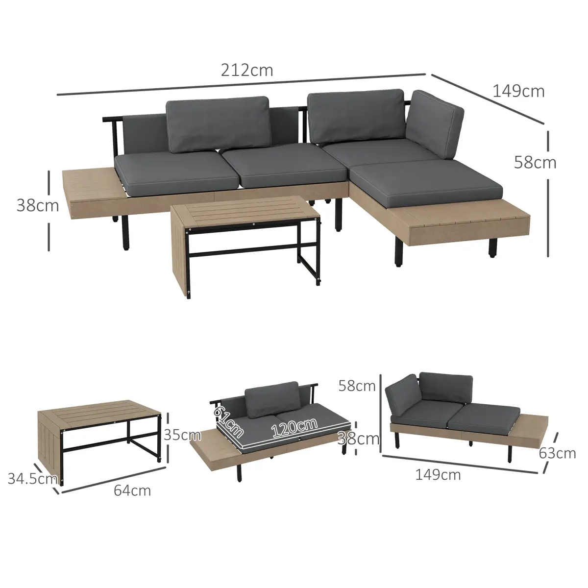 Outsunny Outsunny HDPE Garden Furniture Sets with Cushions, Table, L-Shaped Sofa, Grey - Garden Set