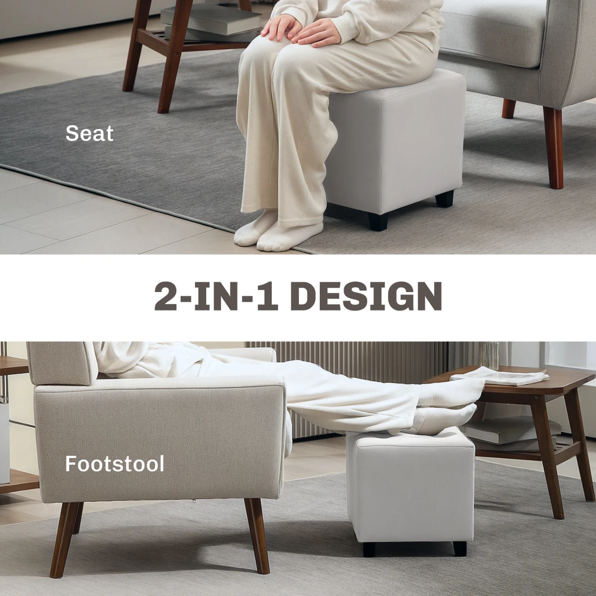 HOMCOM Compact Velvet Tufted Square Footstool With Wood Legs For Bedroom Light Grey - Footstool