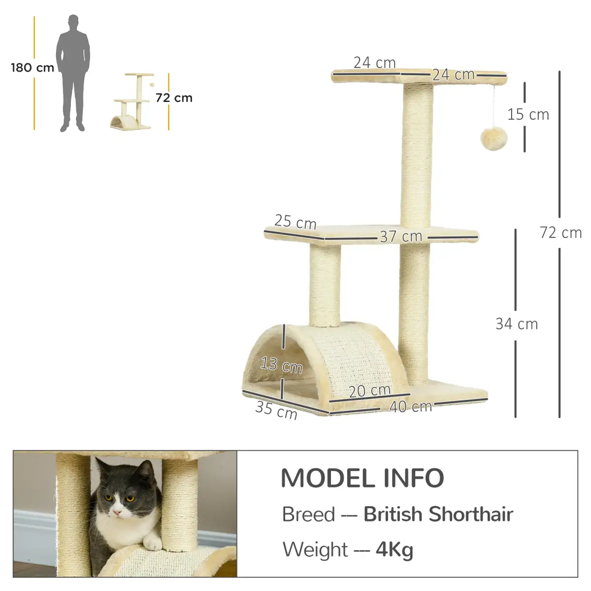 PawHut PawHut 72cm Cat Tree Climbing Tower with Sisal Scratching Post - Cream White - Cat Tree
