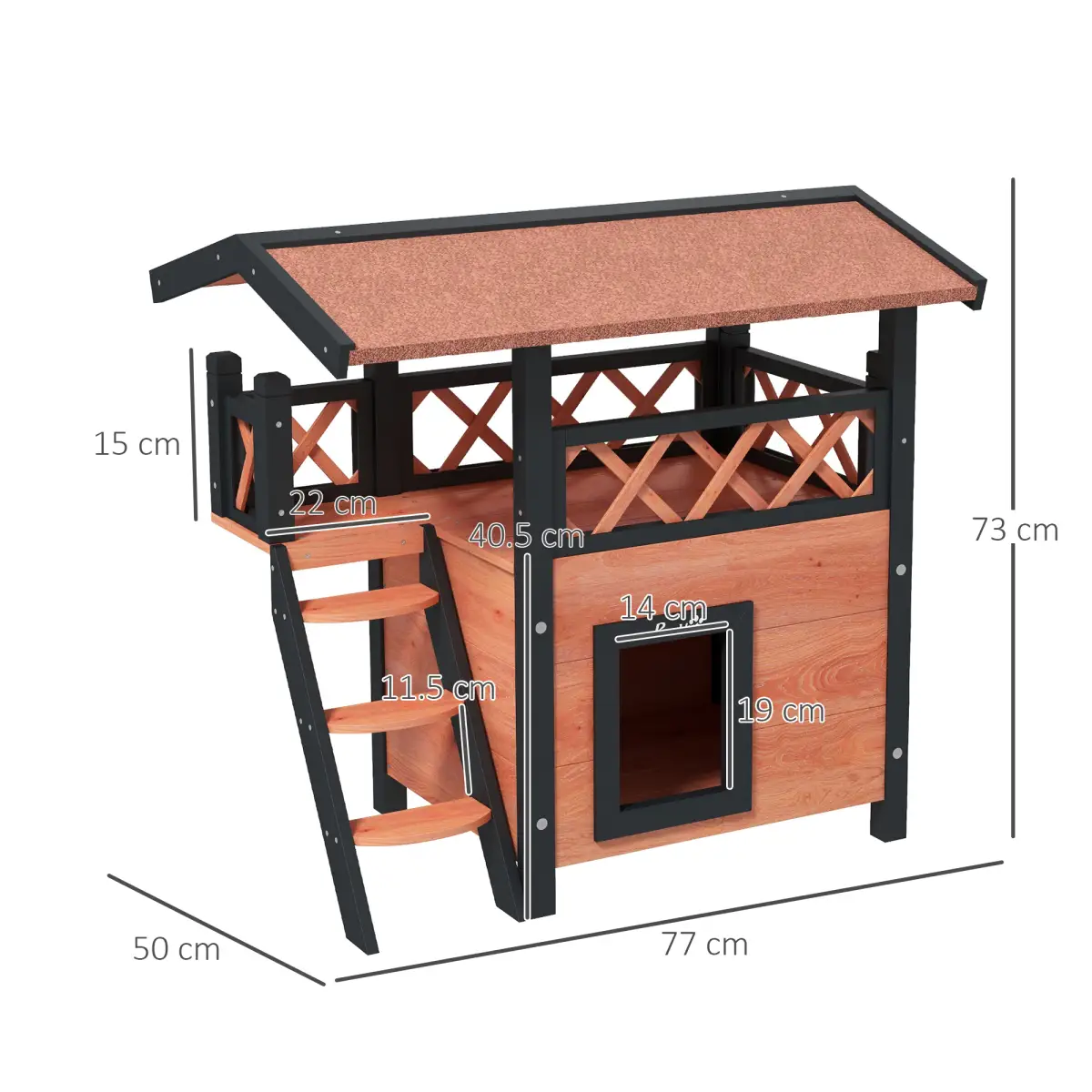 PawHut PawHut Outdoor Cat House with Balcony Stairs Roof, Brown - Cat House