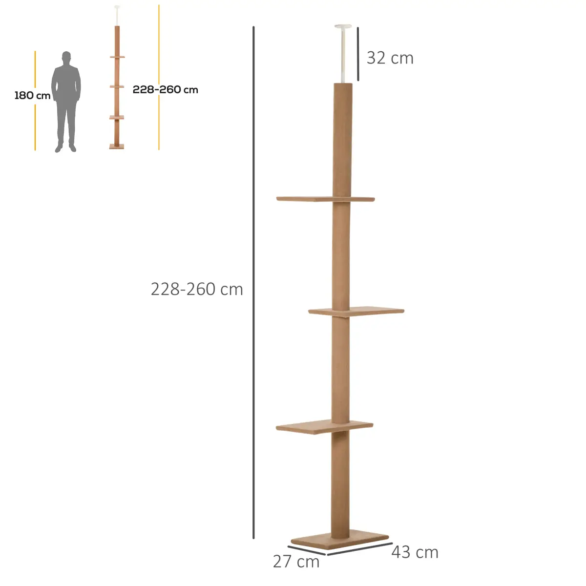 Pawhut 260cm Floor To Ceiling Cat Tree for Indoor Cats w/ Adjustable Height - Brown - Cat Tree