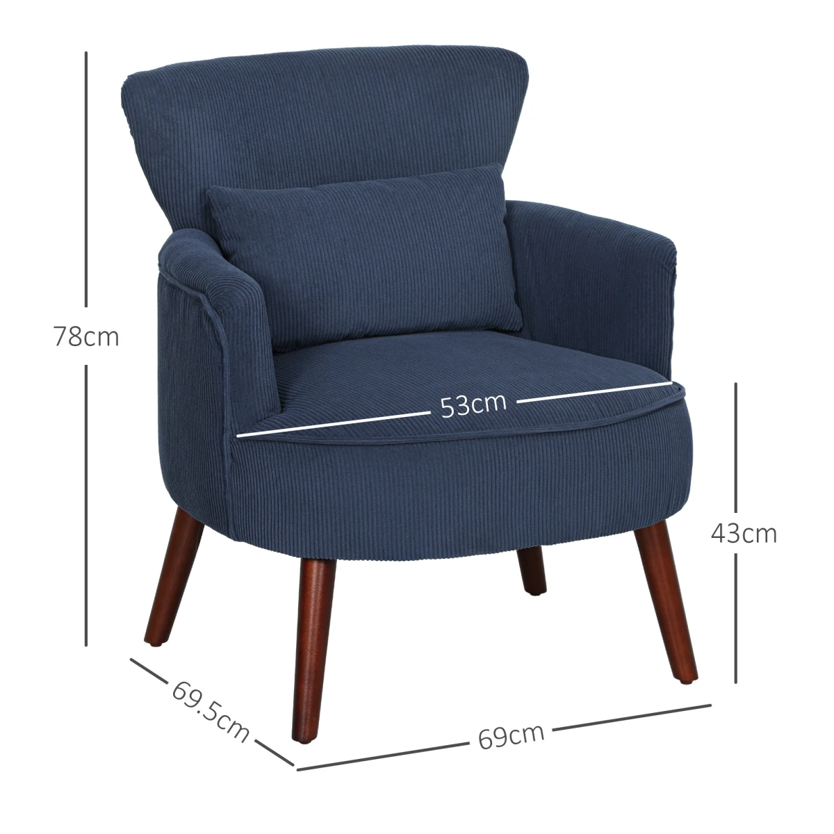 HOMCOM Armchair 18cm Cushion Wingback Blue Corduroy Home Use by HOMCOM