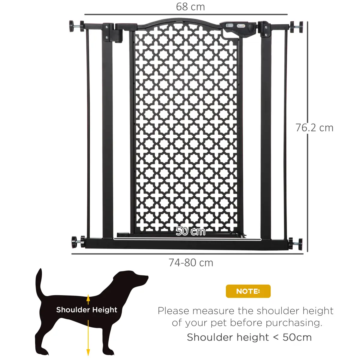 Pawhut 74-80 cm Pet Safety Gate Stair Pressure Fit w/ Auto Close Double Locking, Black - Pet Gate