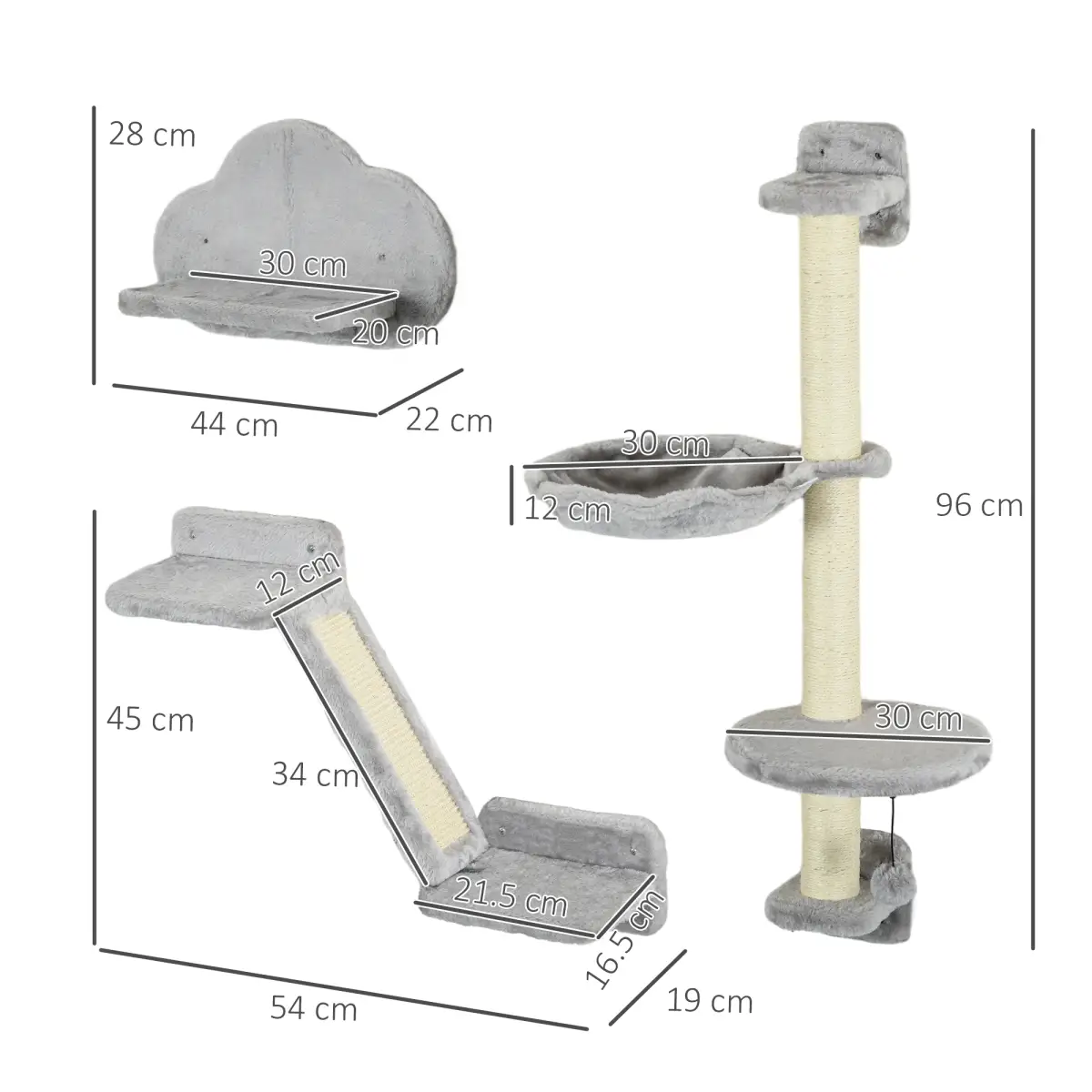PawHut PawHut Cat Wall Furniture with Hammock Platforms Ladder Scratching Post - Grey - Cat Tree