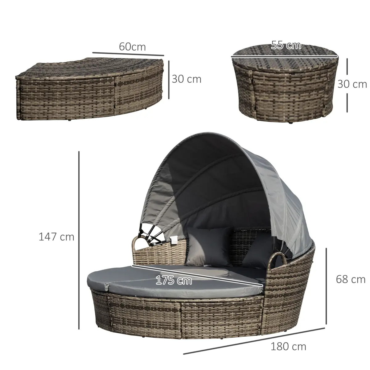 Outsunny Outsunny 5 PCs Cushioned Outdoor Plastic Rattan Round Sofa Bed Table Set Grey - Garden Sofa Sets